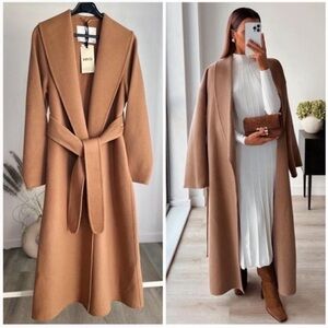 MANGO Women Wool Belt Long coat Handmade Oversized Lapel Collar V-Neck new